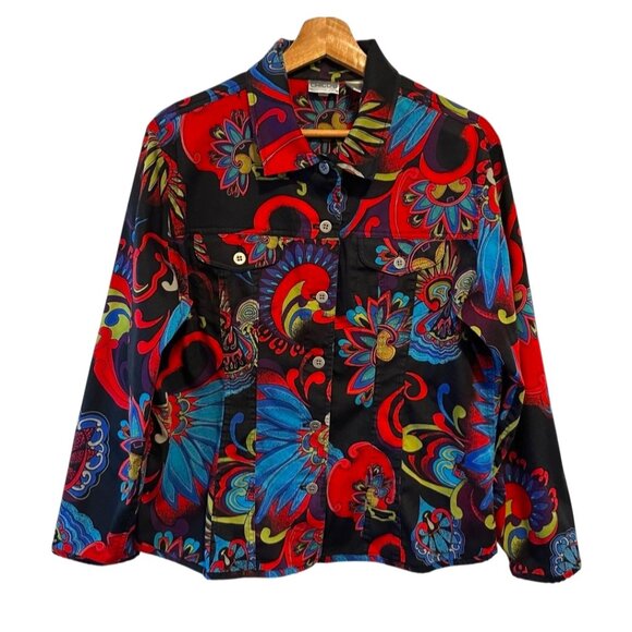Chico's Jackets & Blazers - Chico's Women's Black Vibrant Cotton Blend Boho Blazer Size 2, US Large Retro